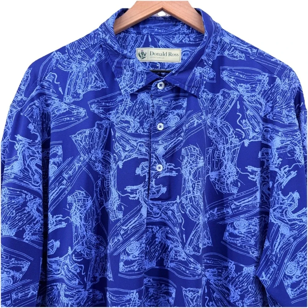 Donald Ross Polo Shirt Mens XL Blue Topographical Print Performance Golf Stretch